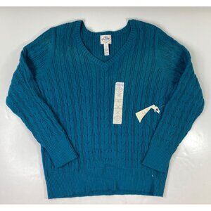 St. Johns Bay Womens Cable Knit Teal V-Neck Long Sleeve Cotton Sweater Size 1X